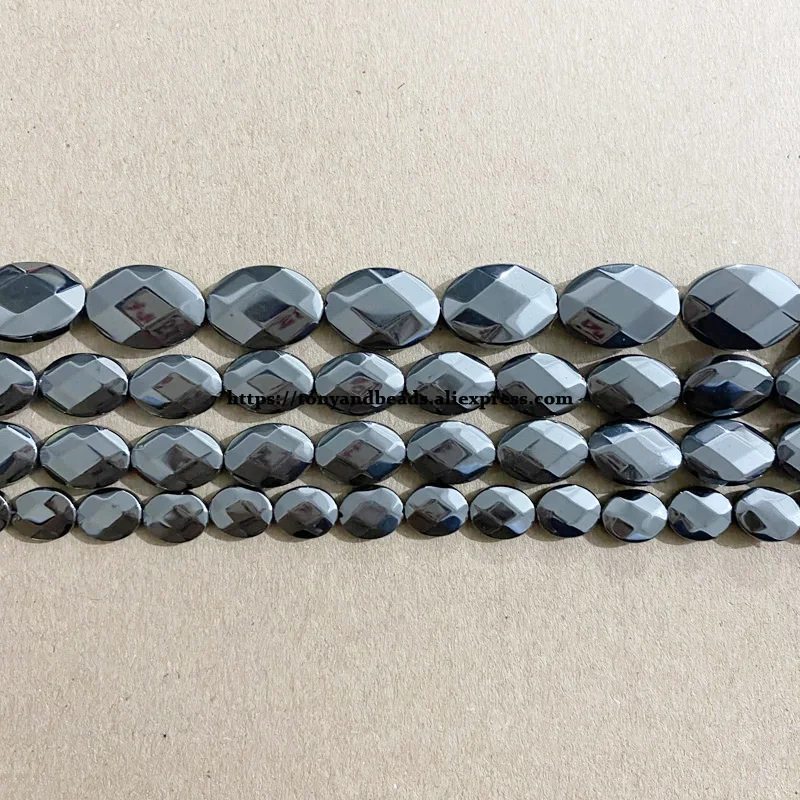 Natural Faceted Flat Oval Round Black Hematite Stone Loose Beads 8x10 10x14 13x18MM 15\