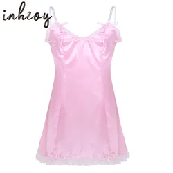 Gay dos homens sissy vestido masculino vestido de cetim renda babados lingerie vestido exótico sexy homme rosa roupa interior nightwear