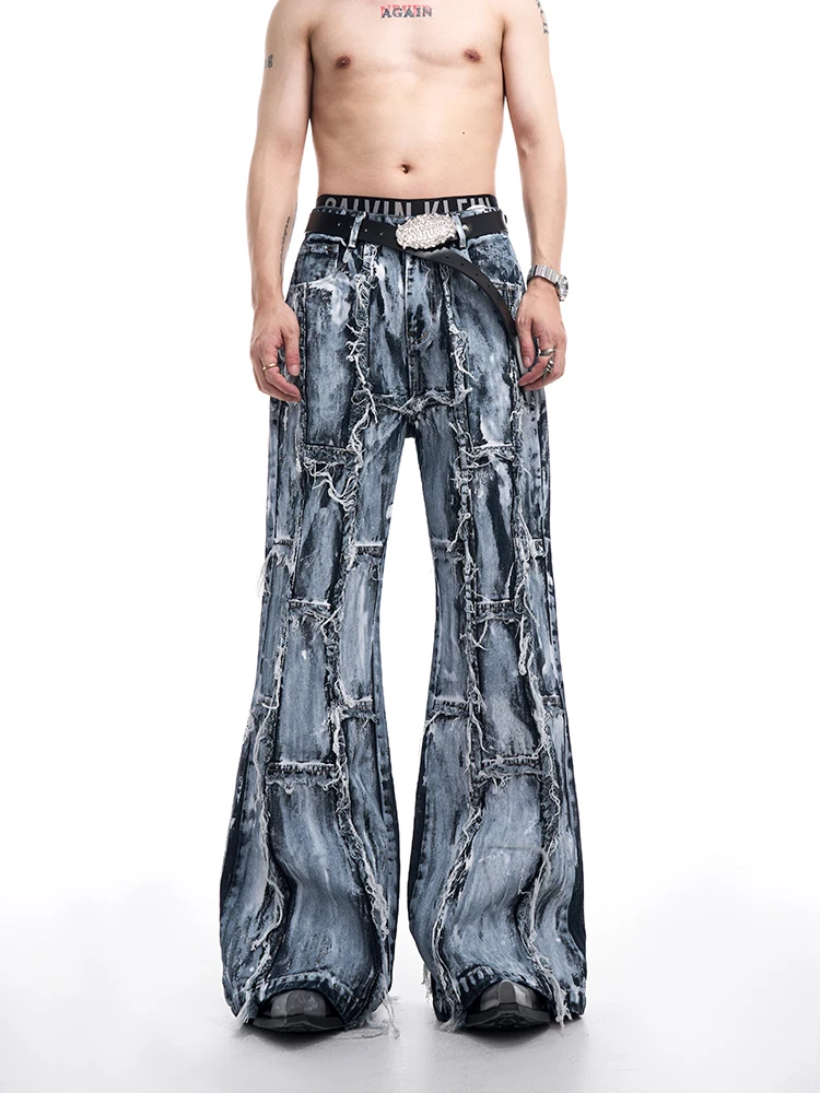 Start Exceed End Men's Distressed Frayed Hem Flared Jeans mid High Waist Youthful Style Wear Resistant Dark Style Autumn Jeans