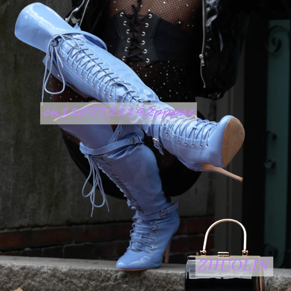 

Winter Blue Cross Lace-Up High-Heeled Boots Women'S Pointed Toe Side Zipper Over-The-Knee Boots Fashion Party Runway Long Boots