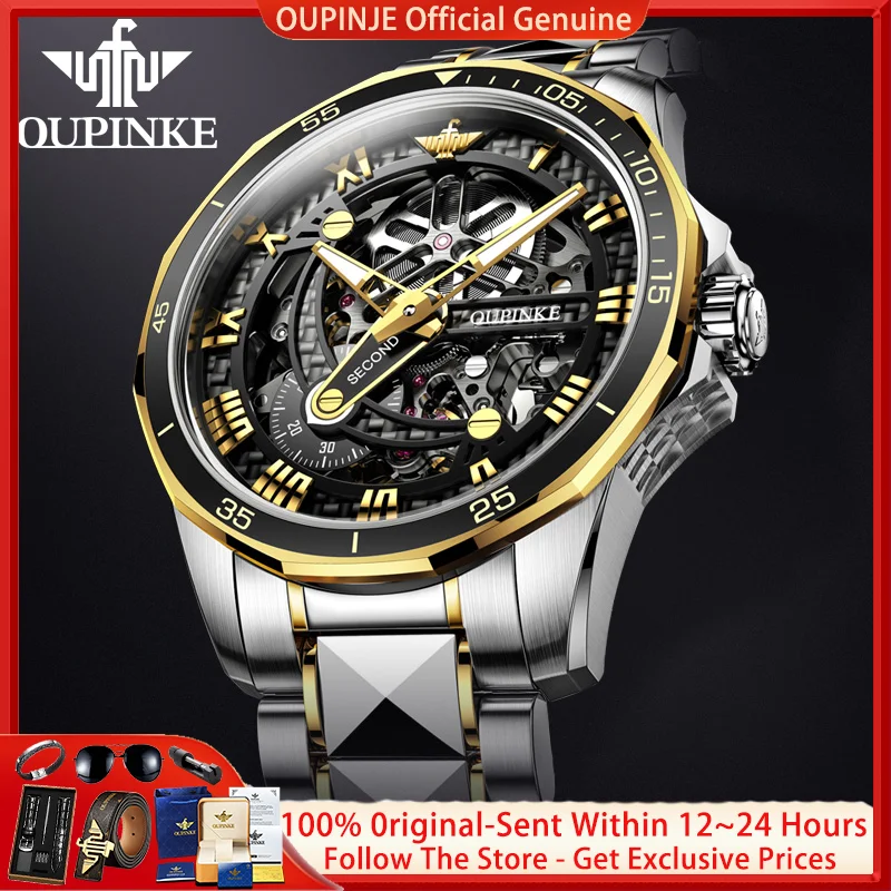 OUPINKE 3178 Men Watch Hollow Luxury Tungsten Steel Men All Automatic Mechanical Watch Original Cool Sapphire Mirror Men Watch