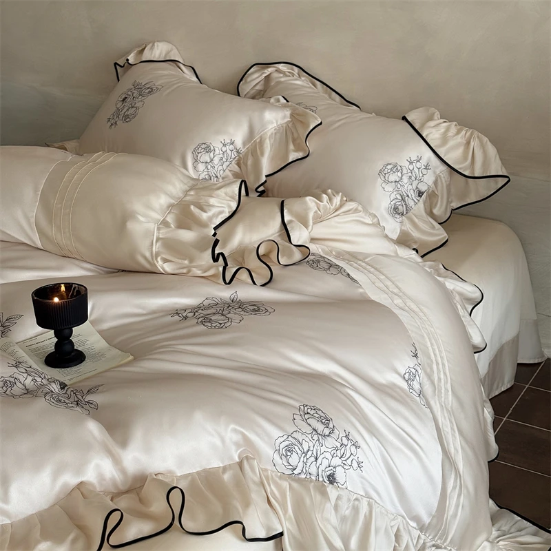 Luxury Champagne Ruffled Rose Embroidery Lyocell Bedding Set Duvet Cover Set Queen King Size Silky Cooling Bed Sheet Pillowcases