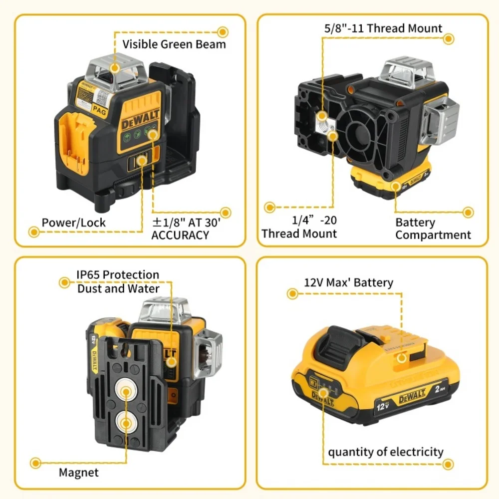 2025 nuevo Dewalt DW089LG 12 líneas 3 lados * 360 grados Vertical 12V batería de litio nivel láser medidor verde Horizontal al aire libre