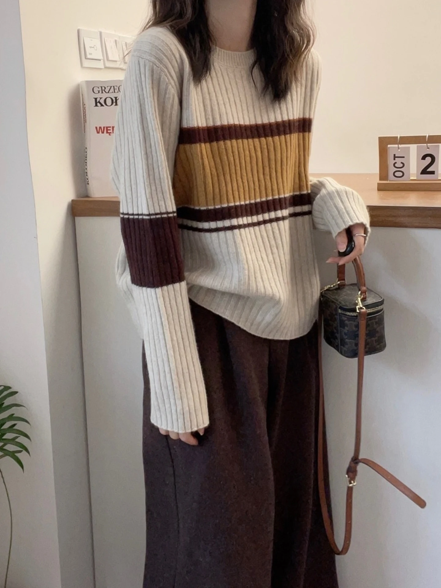 Cómodo suéter de punto para ir al trabajo Sle suelto largo Sve Casual invierno Faion Top mujer redondo Ne rayas Base irt