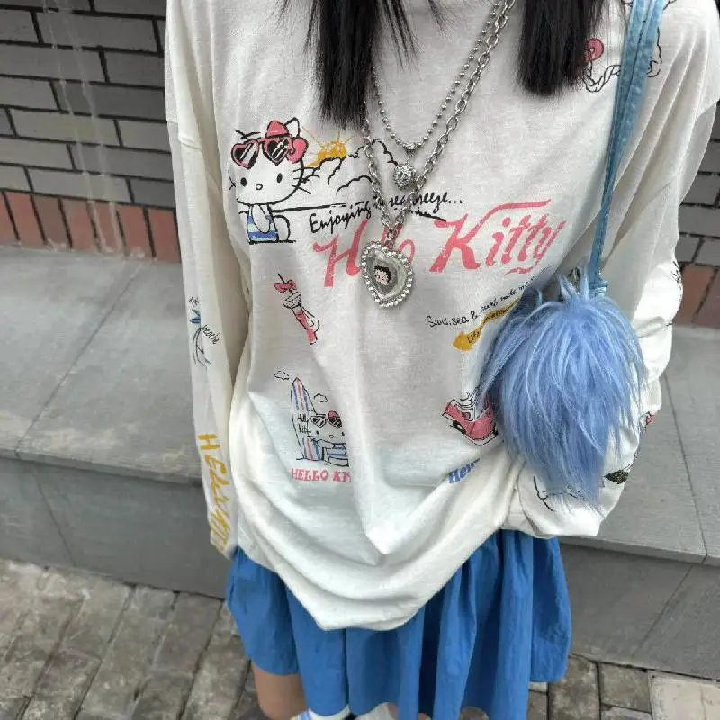 Sanrio Kawaii Hello Kitty Basisshirt met lange mouwen Anime Cartoon Schattig Zacht Comfortabel Casual Veelzijdig Los Katoenen Meisjestop