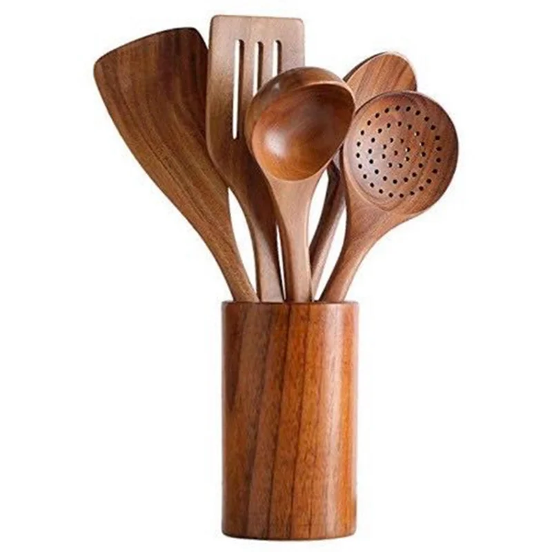 Juego de cucharas y espátulas de cocina de madera Natural Premium N98R para utensilios de cocina antiadherentes