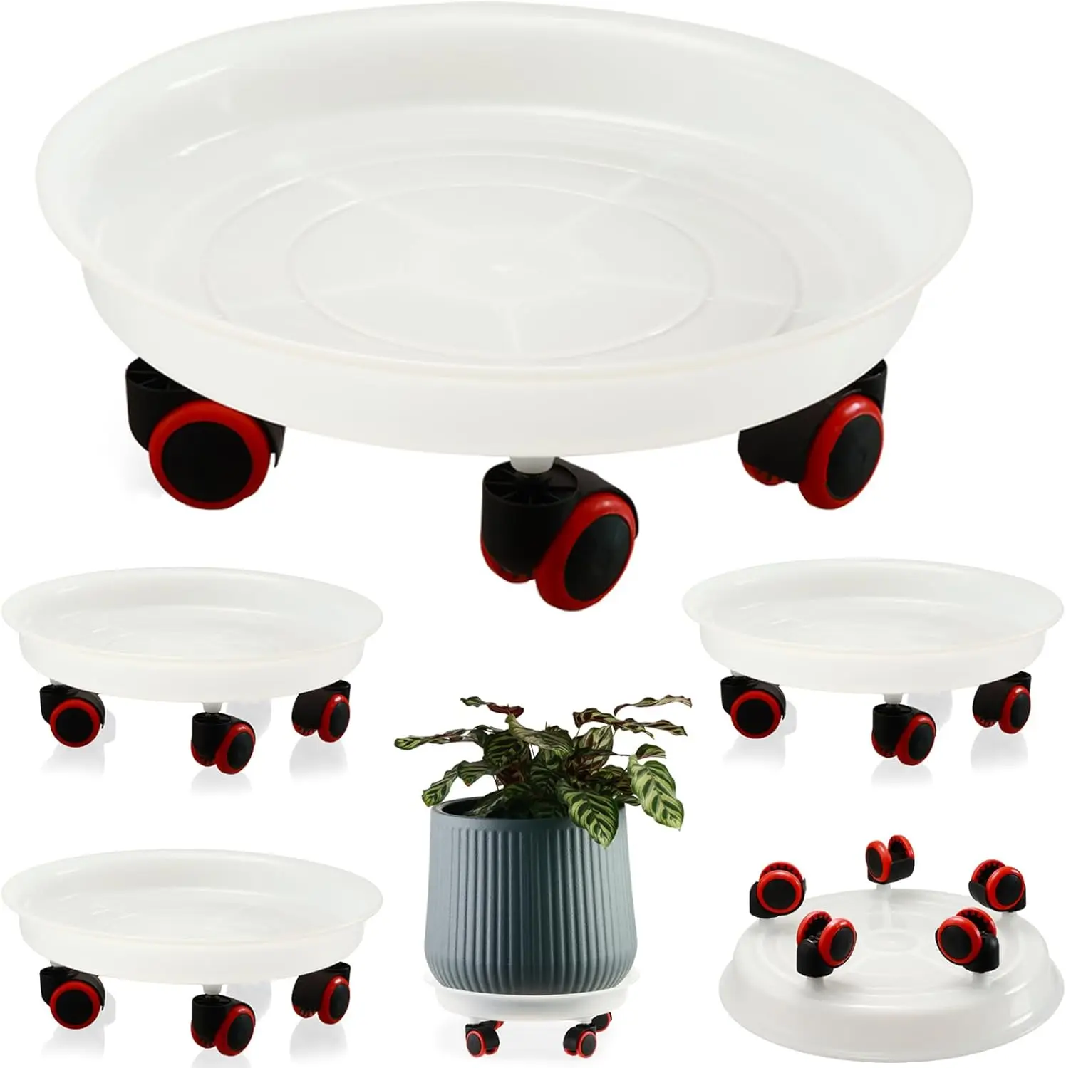 

4-Pack Large Plant Caddy on Wheels, Heavy-Duty Rolling Stand for Outdoor Pots, Clear White