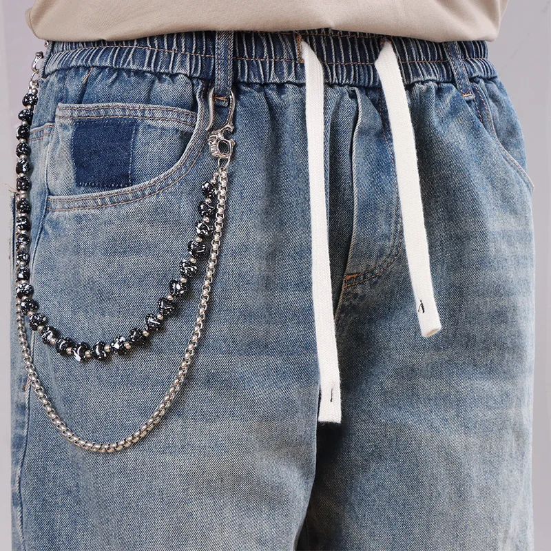 Black Pattern Bead Pants Chain Unisex Waist Chain Double‑Layer Metal Jeans Hanging Ornament Hip‑Hop Street Decor Accessory