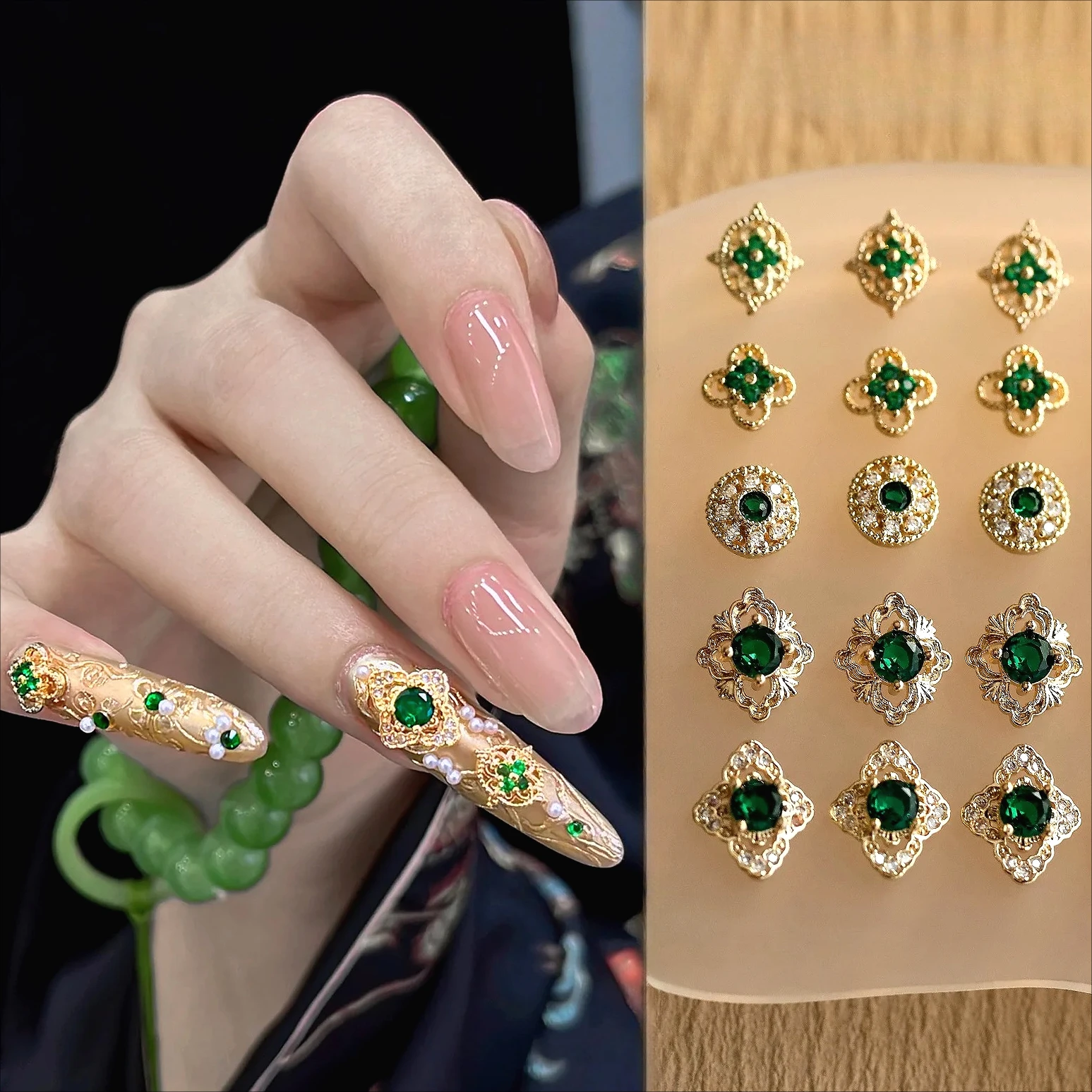 

Delicate Ancient Chinese Palace Retro Zircon Gold Alloy Jewelry Green Crystal Flower Pearl Jade Nail Art Decorations Accessories