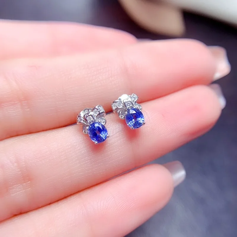 

Lucky Stone Natural Sapphire Stud Earrings Sterling 925 Silver Gemstone 3x4mm for Women Birthday Party Gift Fine Jewelry