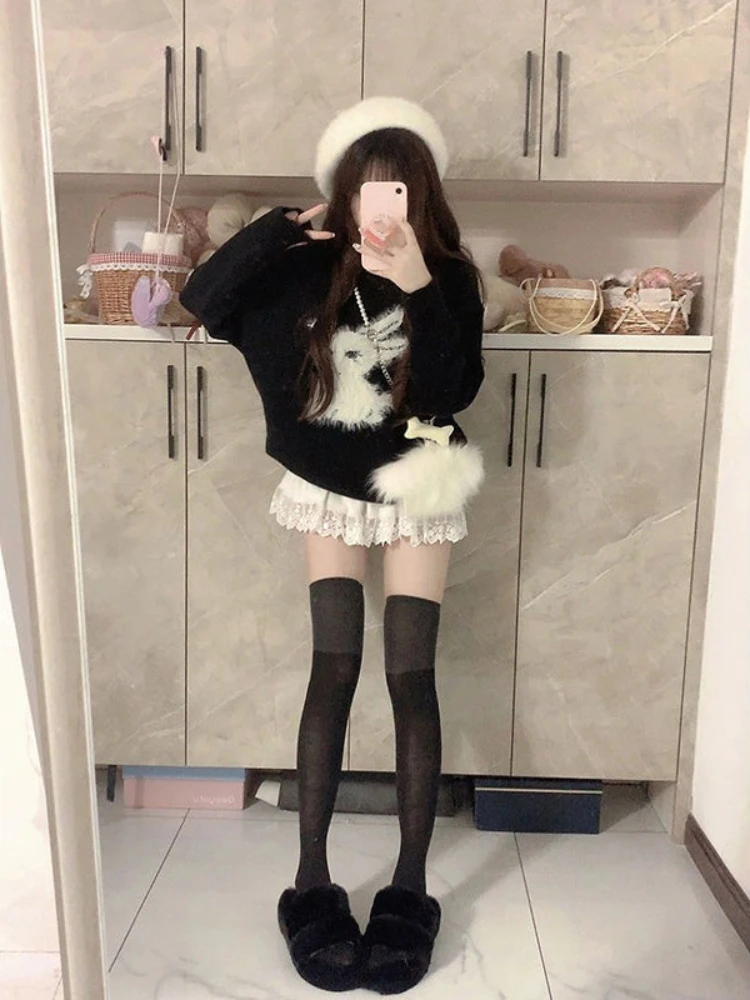 2023 Winter Elegant Sweet 2 Piece Set Korean Fashion Clothing Woman Kawaii Print Knitting Sweater + Casual Lace Y2k Mini Skirt