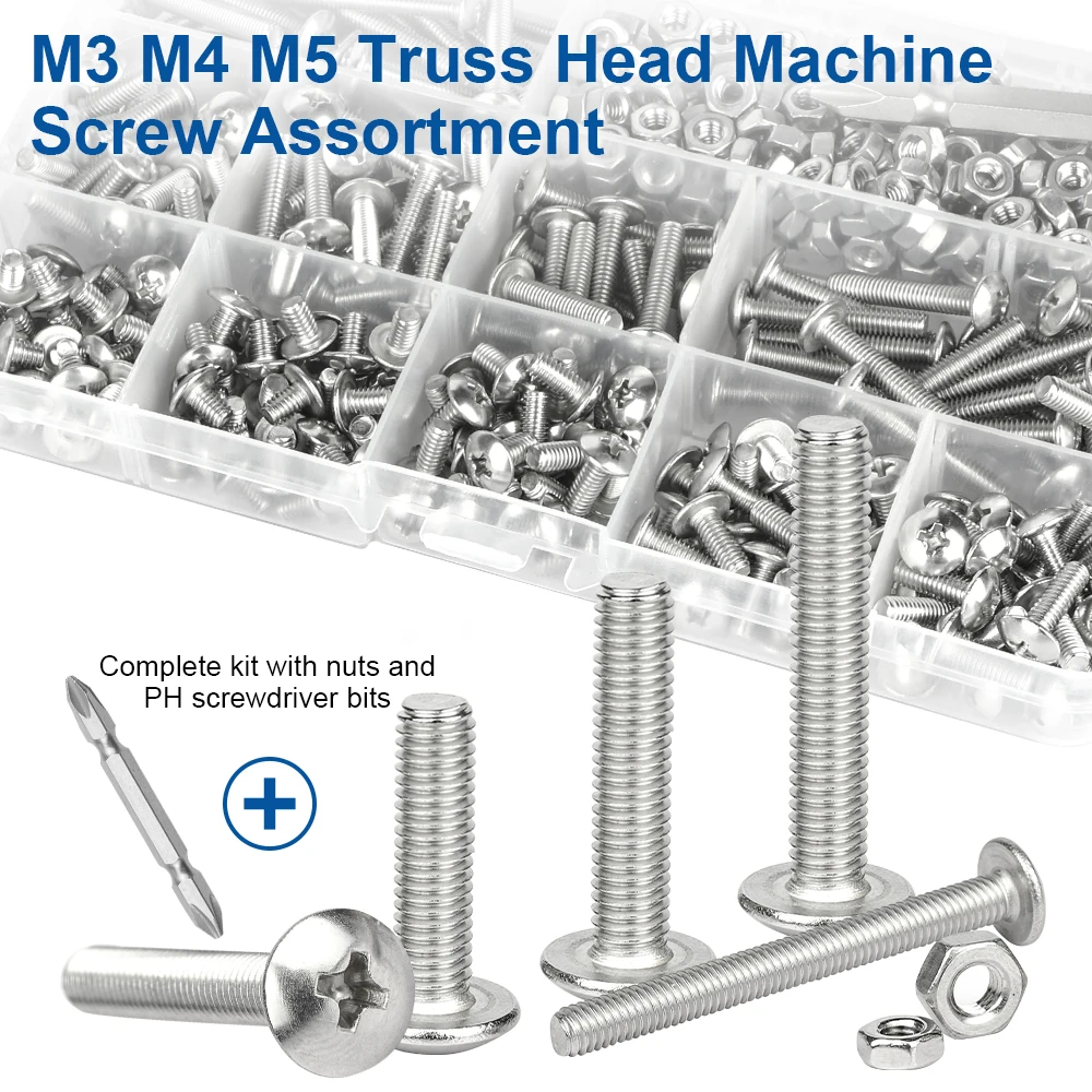 NINDEJIN Cross Truss Head Machine Screw Nut Set M3 M4 M5 Stainless Steel Phillips Mushroom Head Bolts and Nuts Assortment Kit