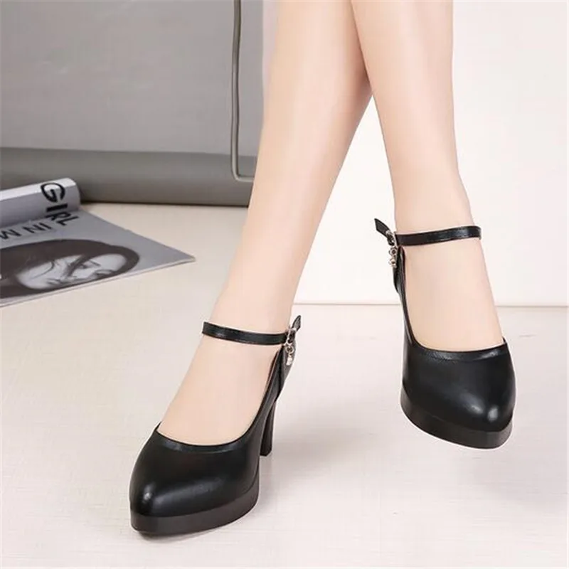 high heels platform pumps women 2023 spring new fashion buckle solid black shoes woman PU leather waterproof shoes femme