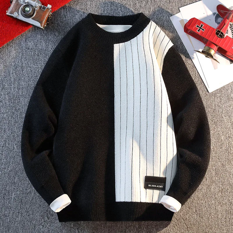 เสื้อสเวตเตอร์คอโอ แฟชั่นสีบล็อก อบอุ่น สำหรับฤดูใบไม้ร่วง/ฤดูหนาว ปี 2025 เสื้อไหมพรมถักสำหรับผู้ชาย สวมใส่สบายๆ อยู่บ้าน