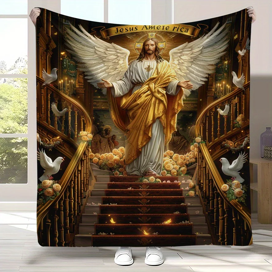 

1 piece of Angel Jesus Christ designed flannel blanket - soft, warm, all-season decorative blanket with a vintage aesthetic