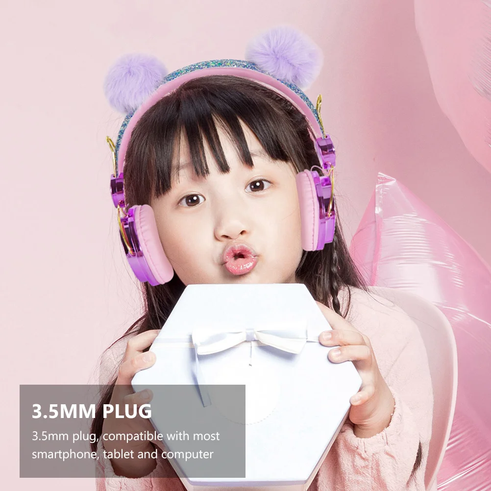 

Over Ear Headphone 3.5Mm Plug Furry Ball Rhinestone Design Adjustable Beam 85Db Volume Limit For School Travel Use
