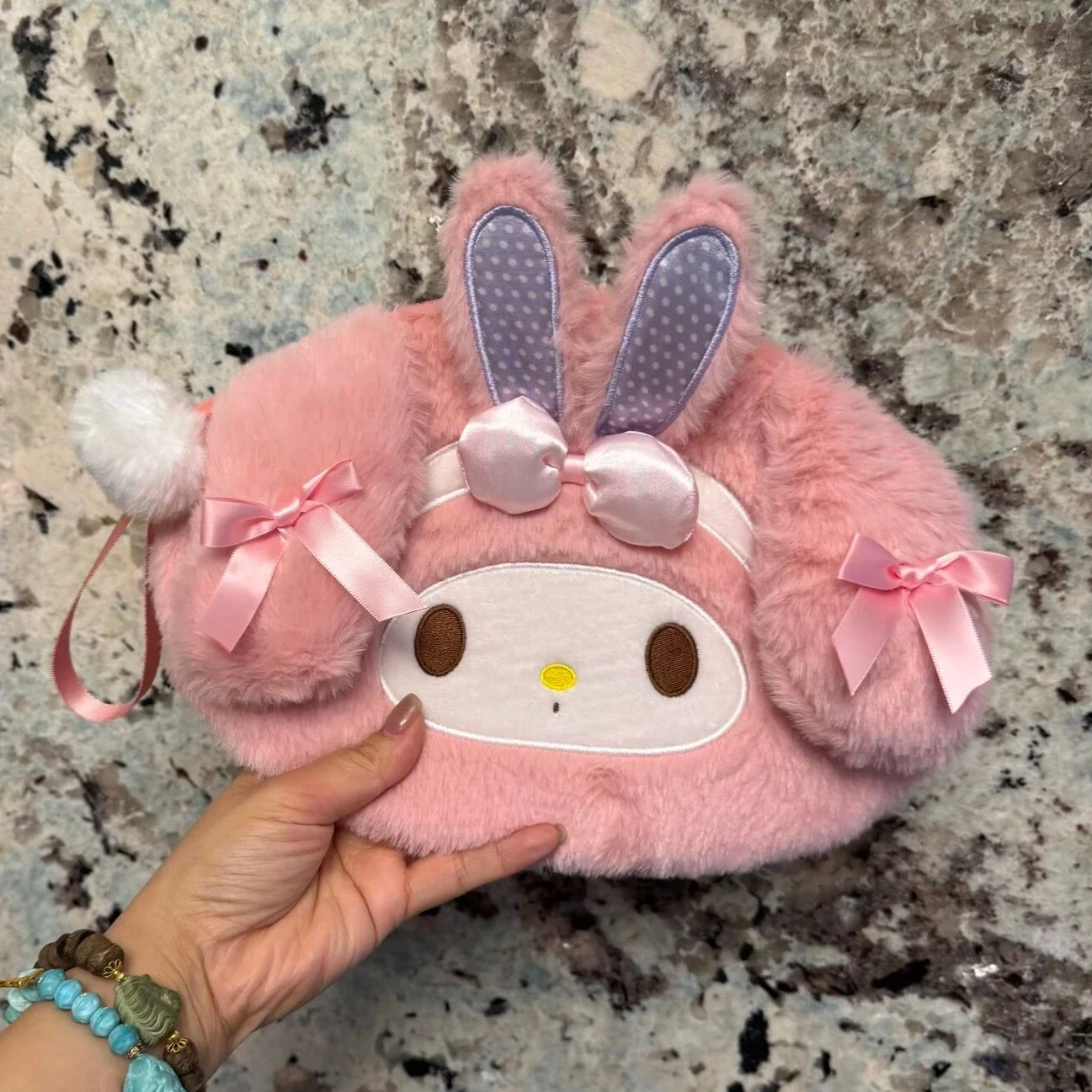Japanese Cute Sanrio My Melody My Sweet Piano Elliptical Plush Large Capacity Makeup Bag Multi functional Organizing Bag