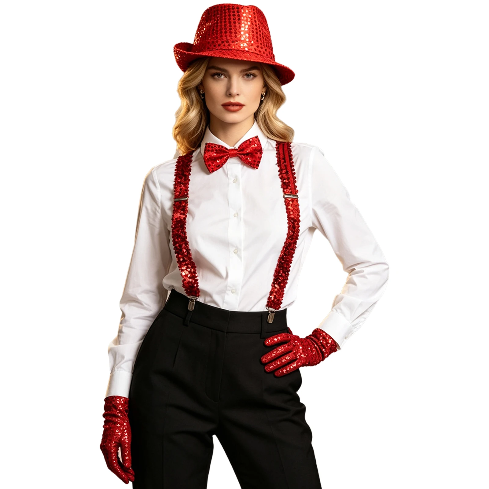 Retro Disco Sequins Short-brimmed Hat Y-back Elastic Suspender Necktie Adjustable Bow Tie Gloves Accessaries Set for Halloween