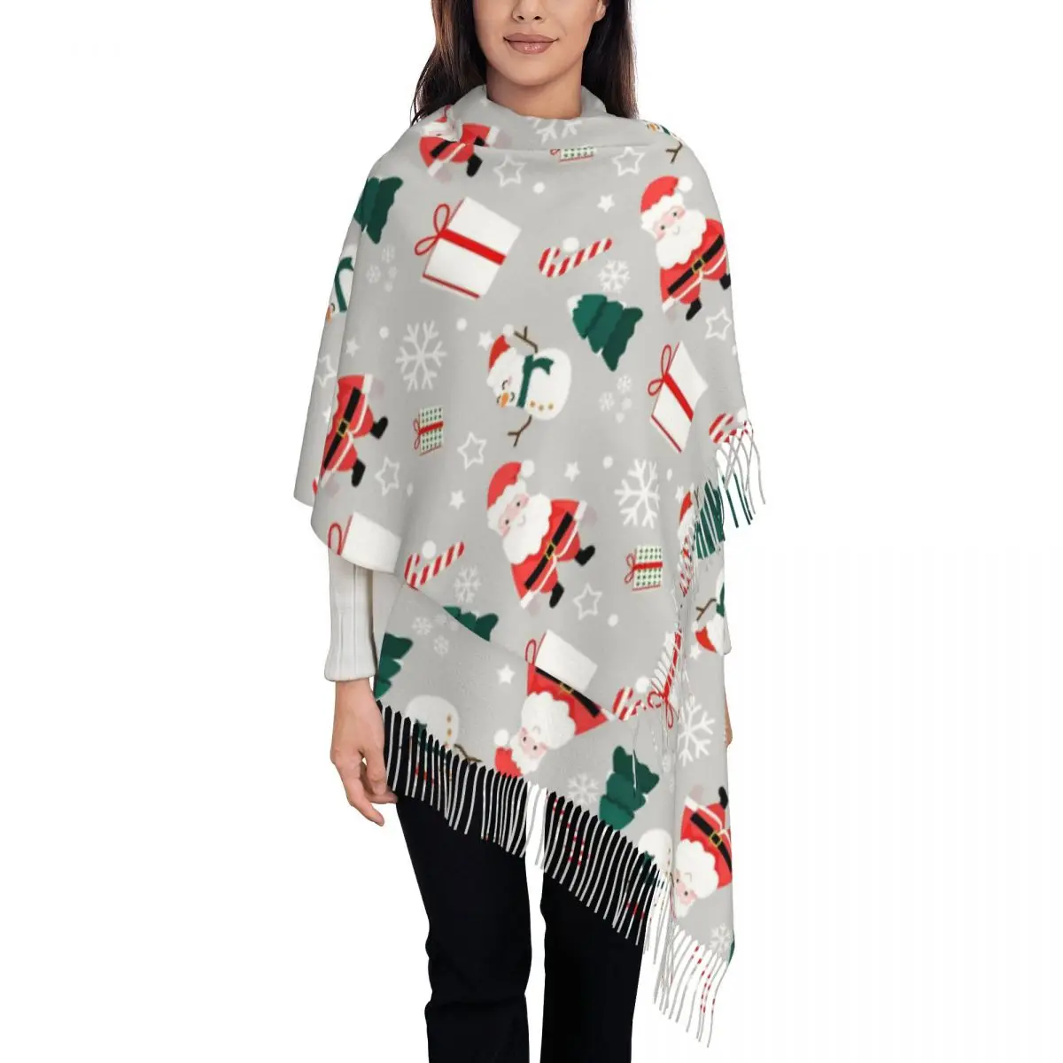 Women's Tassel Scarf Nodic Christmas Santa Claus Single-sided Pattern Soft Warm Shawl and Wrap Snowflakes Snowman Cashmere Scarf