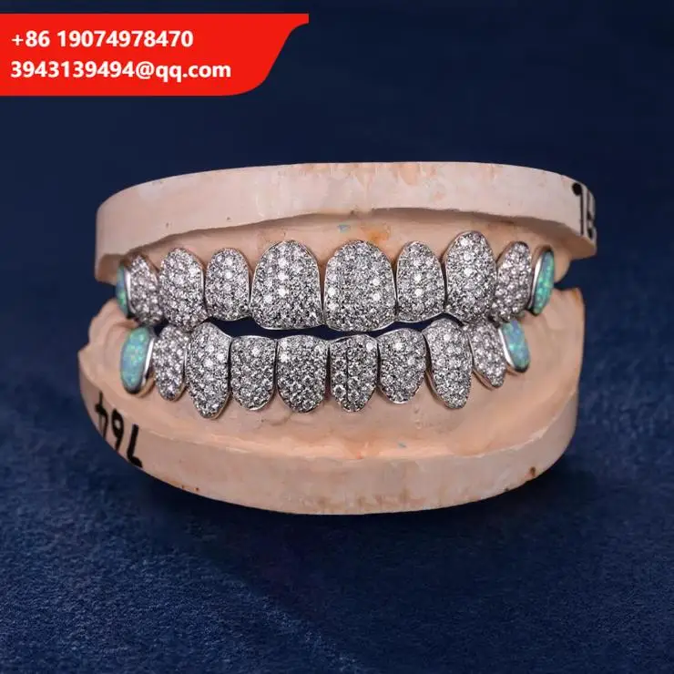 

Custom Fit Pave Setting Grillz With Multi Colored Opal Moissanite And Diamonds S925 Sterling Silver Iced Out Teeth Jewelry
