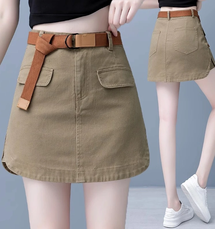 

Khaki Denim High Waist Short Skirt Women's Autumn Casual Thin Style Half Body Skirt Commute Style Asymmetric Pocket Design