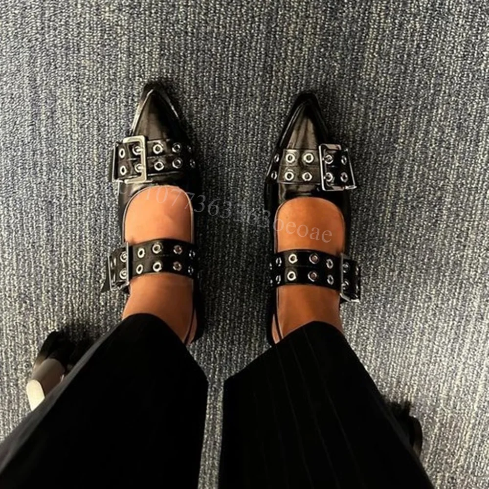 

Rivet Decor Patent Leather Flat Pumps Buckle Belt Decor Shoes for Women Hollow Pointed Toe Fashion Shoe 2024 Zapatos Para Mujere