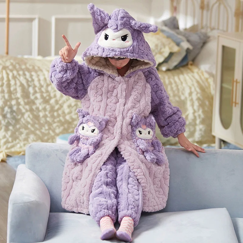 Pompom Purins Kuromi Cinnamoroll Kawaii Anime Parent-Child Plush Pajamas Robe Sanrio Girl Winter Cartoon Warm Thicken Home Wear