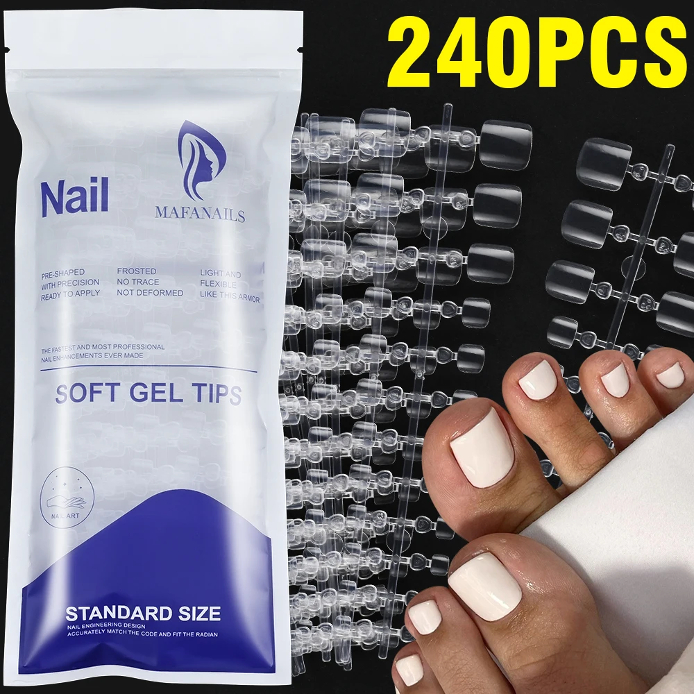 240Pcs Square Short Transparent Soft Gel Toe Nail Tips for Nail Extensions Pre-Shaped Glossy Full Cover Nail Tips in 11 Sizes *^