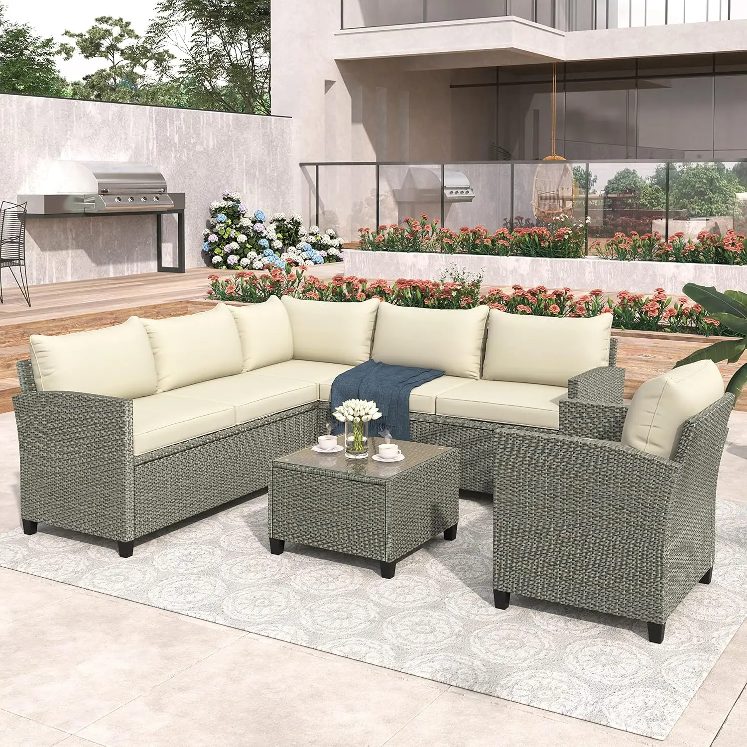 5 Piece Outdoor Patio Furniture Set With Coffee Table & Cushions, Customized
