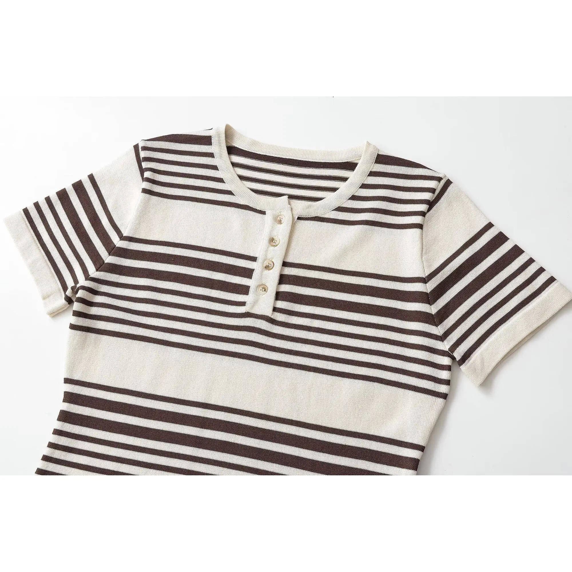 KASLEAD Fashionable Striped Button Neck T-shirt Women's Simple Style Short Sleeve Polyester Summer Streetwear 1198017