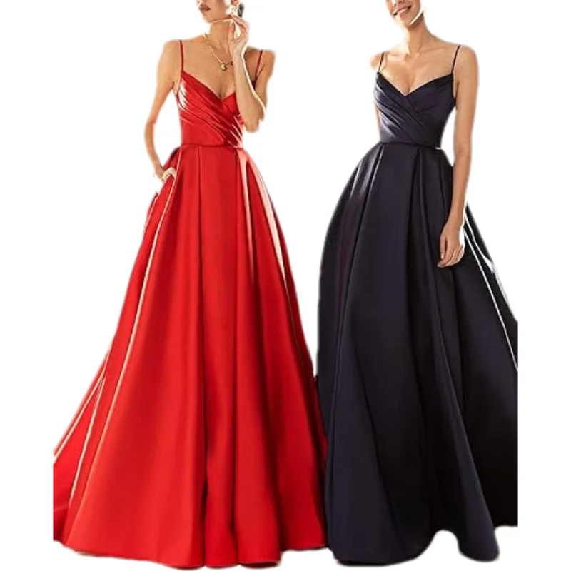 

Customized Women's Satin Prom Dresses Formal Gowns Long Spaghetti Strap V-Neck A-line Simple Evening Party Dress with Pockets