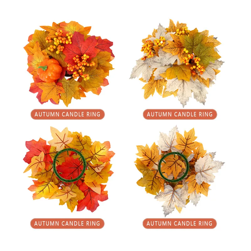 

Artificial Maple Leaf Garland with Pumpkin Candle Ring Halloween Harvest Festival Thanksgiving Dining Room Centerpiece Garland