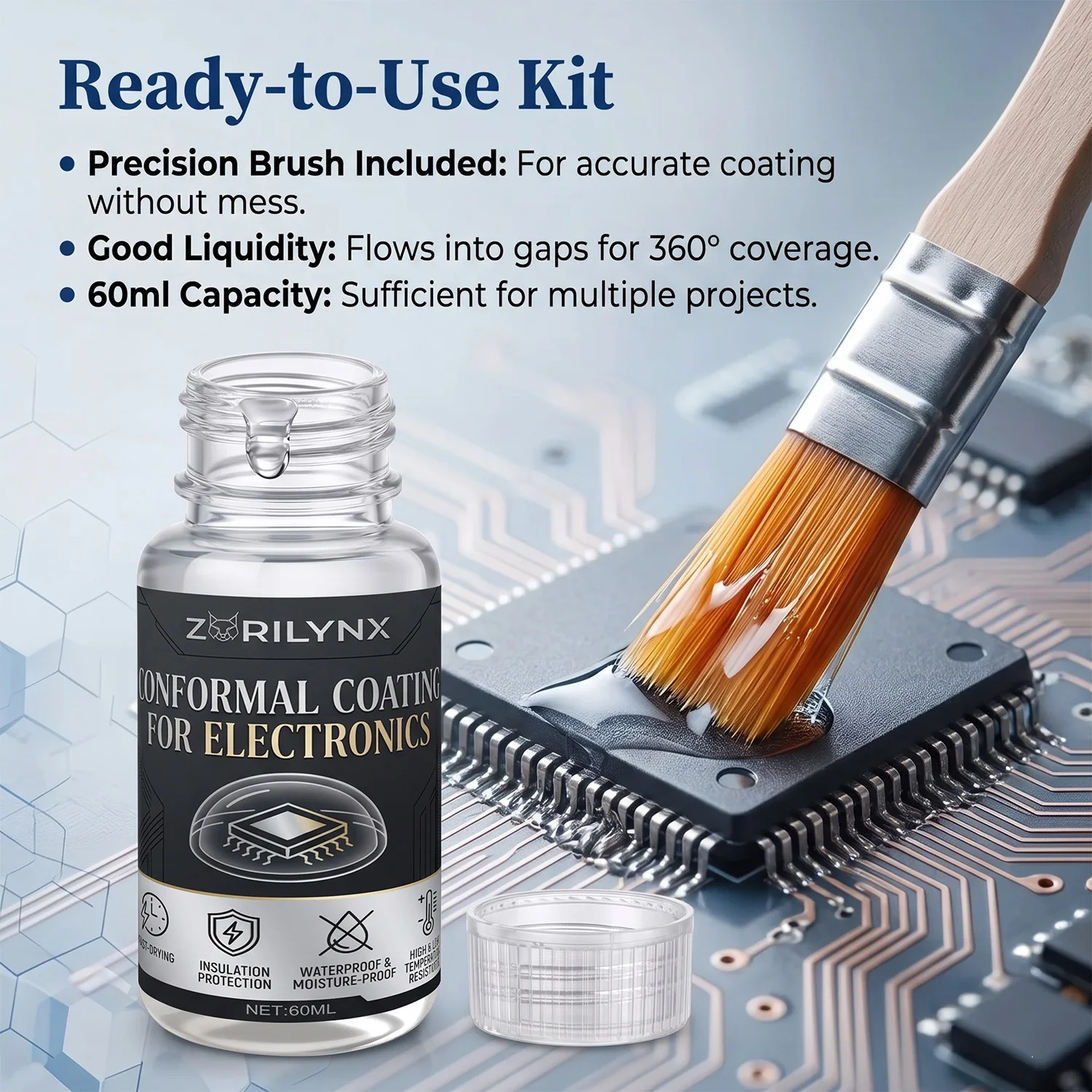 ZORILYNX 60ml Conformal Coating for Electronics Waterproof Moisture Proof Insulation Protective Paint with Brush for PCB Board