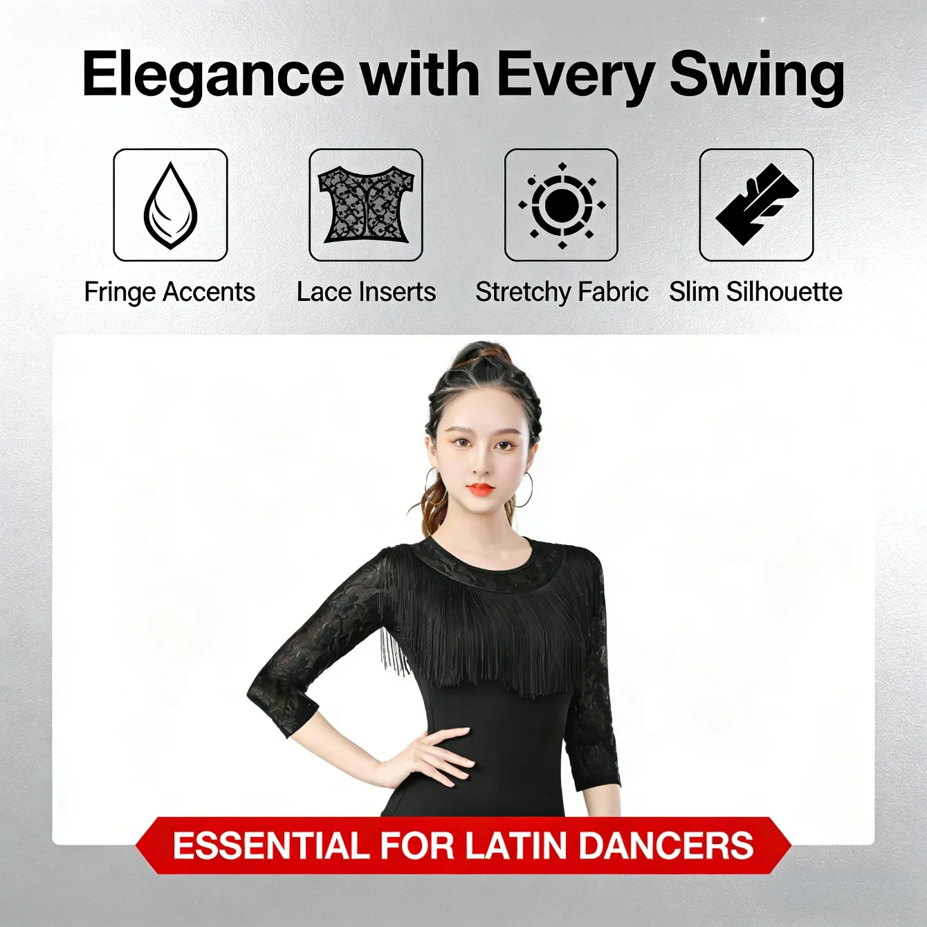 เสื้อเต้นรำบอลรูมสไตล์ใหม่สำหรับผู้หญิงผู้ใหญ่ ชุดเต้นรำสแควร์แดนซ์ เสื้อฝึกซ้อมเต้นรำสมัยใหม่แบบมีชายครุย สำหรับการเต้นรำจิตร์บัค