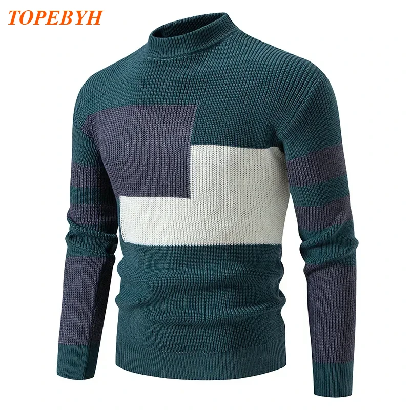 2025 High Quality Men's New Pullover Casual Warm Color Block Sweater Knit Tops