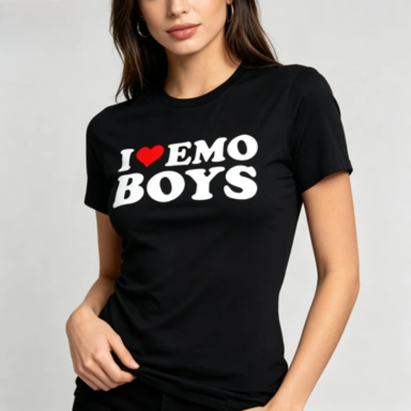 Women Cotton Crew Neck T-Shirt I Love Emo Boys Heart Graphic Print Retro Bold Letter Casual Summer Short Sleeve Tops
