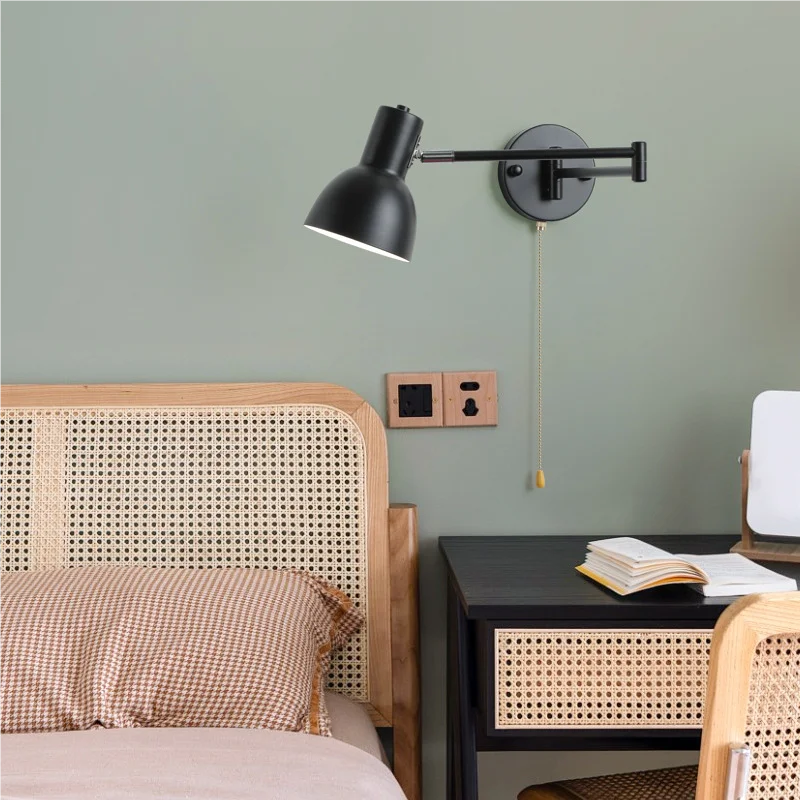 Nordic Minimalist Retro Rocker Arm Adjustable Bedside Wall Lamp Bedroom Living Room Study Decoration Lighting Reading Light