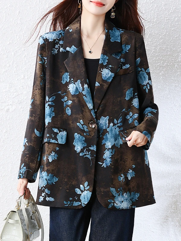 Fashionable Printed Thin Suit Jacket Women's Spring Autumn Loose Large Size Casual Versatile Long Sleeve Top Breathable Cotton