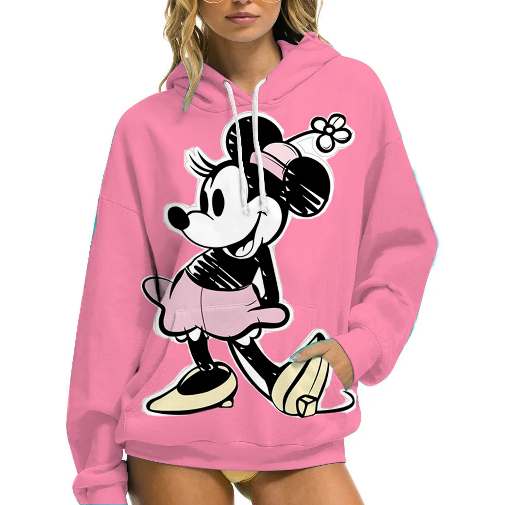 เสื้อฮู้ดดี้พิมพ์ลายมิกกี้เมาส์สีชมพูสไตล์ดิสนีย์ สวมใส่สบายๆ ในฤดูใบไม้ผลิและฤดูใบไม้ร่วง คอทรงกลม แขนยาว สำหรับผู้หญิง