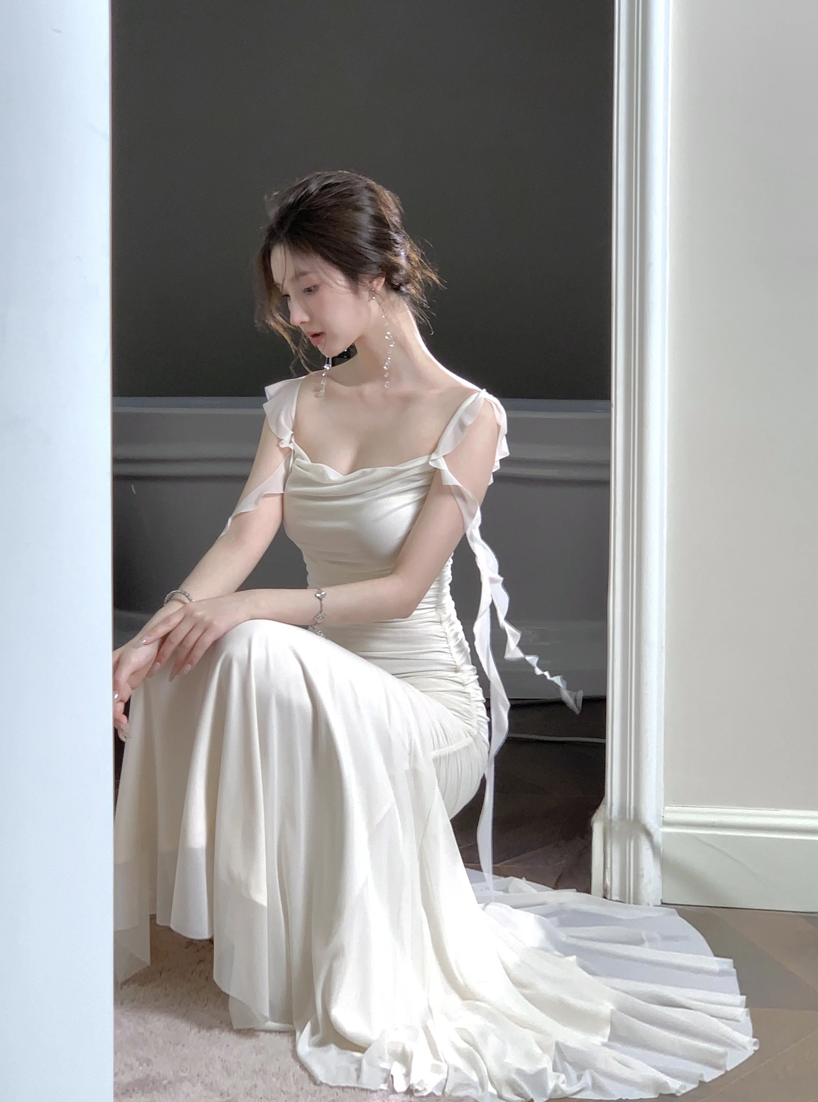 المرأة عالية الخصر مطوي سليم صالح الدانتيل السباغيتي فستان بحزام مثير Bodycon أكمام حورية البحر فساتين شبكية مساء ملابس للحفلات #4