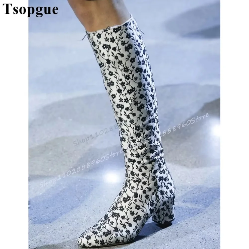 

Trending Knee High Slim Flower Print Boots Thick Heel Shoes For Women Side Zipper Pointed Toe Stylish Catwalk Party Women Boots