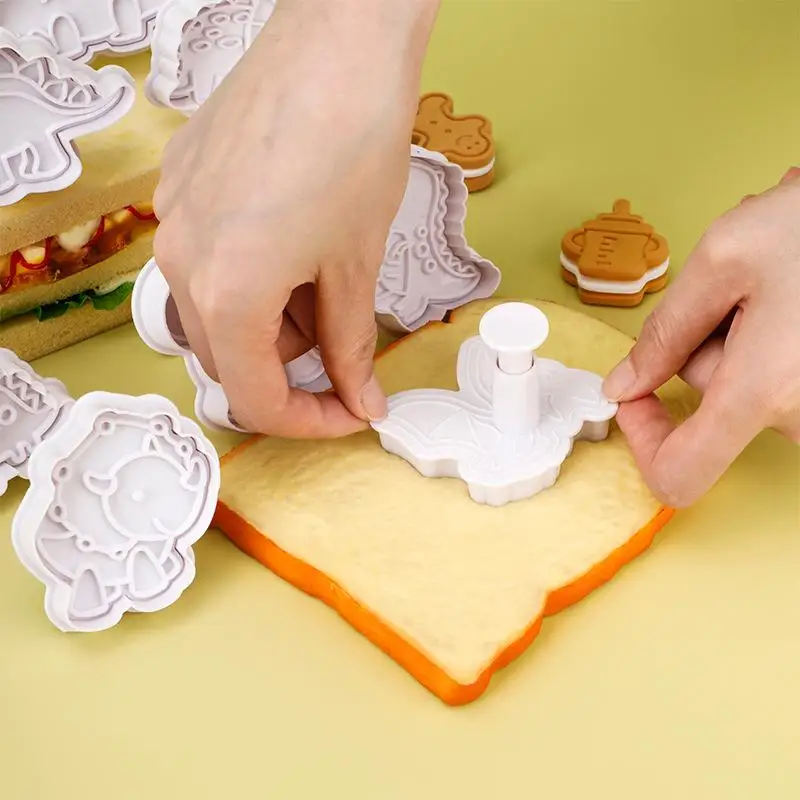 4Pcs Dinosaur Plunger Cookie Cutter Set Cartoon Baking Moulds for Kids Making Festive Cookies Home Kitchen Cake Decorating