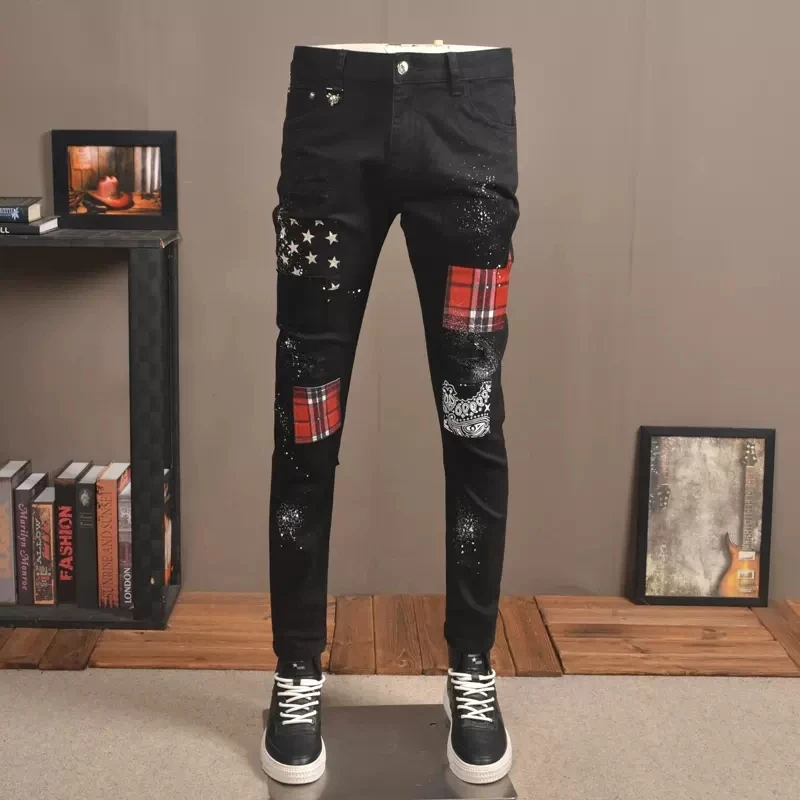 

Fashion Streetwear Men Jeans Black Color Stretch Slim Fit Painted Ripped Jeans Men Patch Designer Elastic Hip Hop Pants Hombre