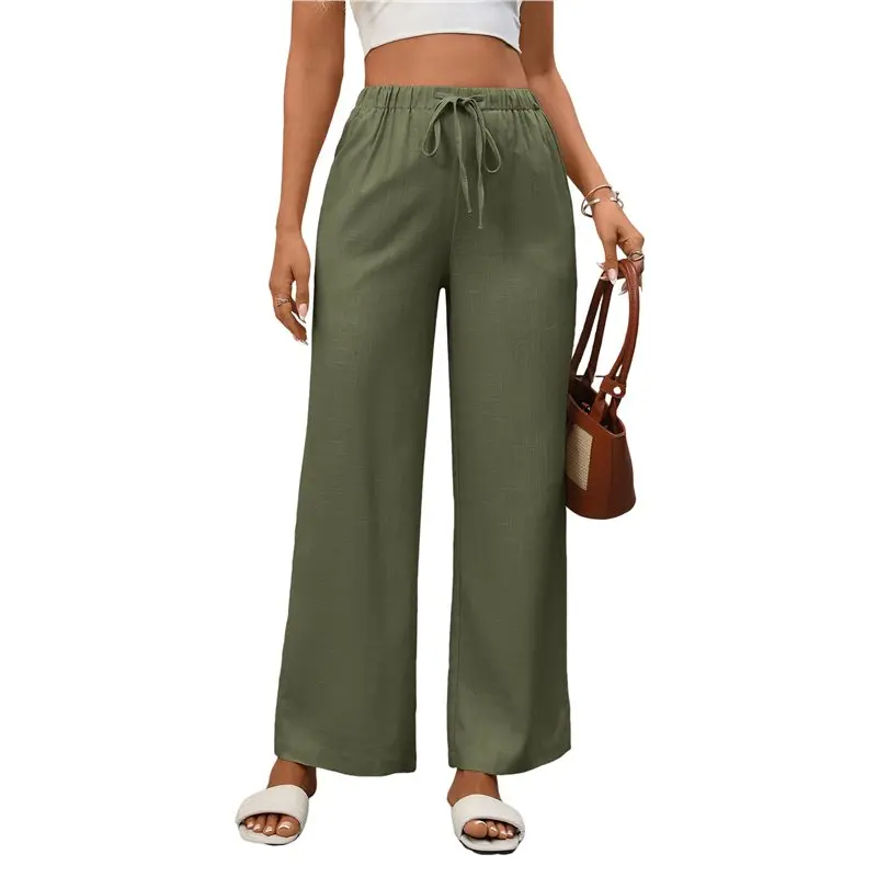 

CYL-Womens Cotton Linen Palazzo Pants Drawstring Elastic Waist Casual Wide Leg Trousers With Pockets