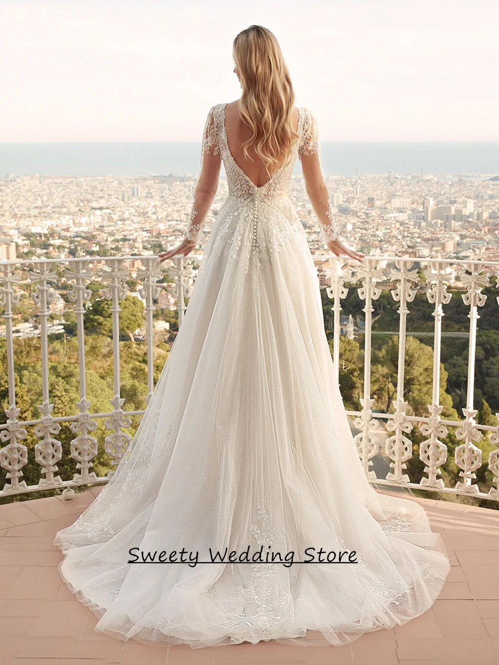 Customized Long Sleeves V Neck Wedding Dress Sparkling Beading Applique See Through A Line Glitter Bridal Gown Sweep Train