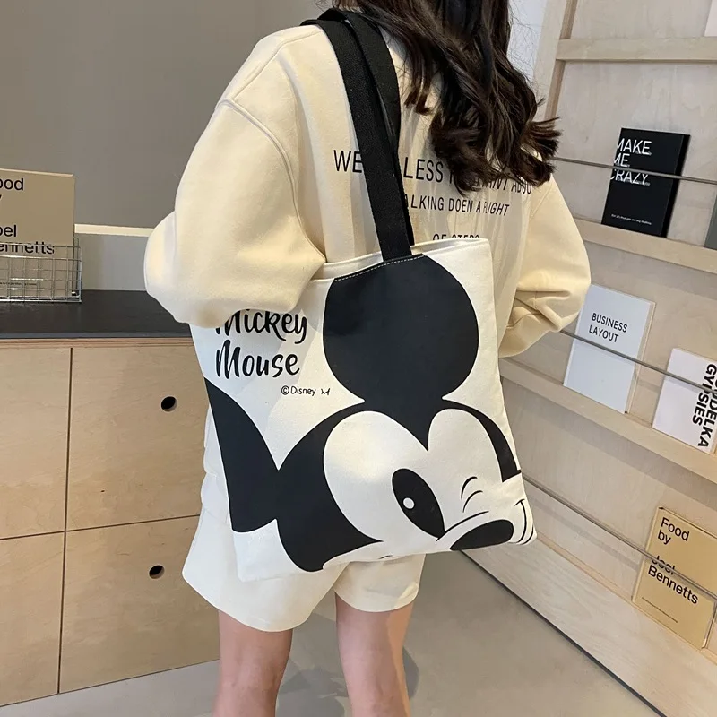 Disney Mickey Mouse Canvas Shoulder Bag for Women Fashion Cartoon Tote Reusable Shopping Bags Woman Handbags Large Travel Bags