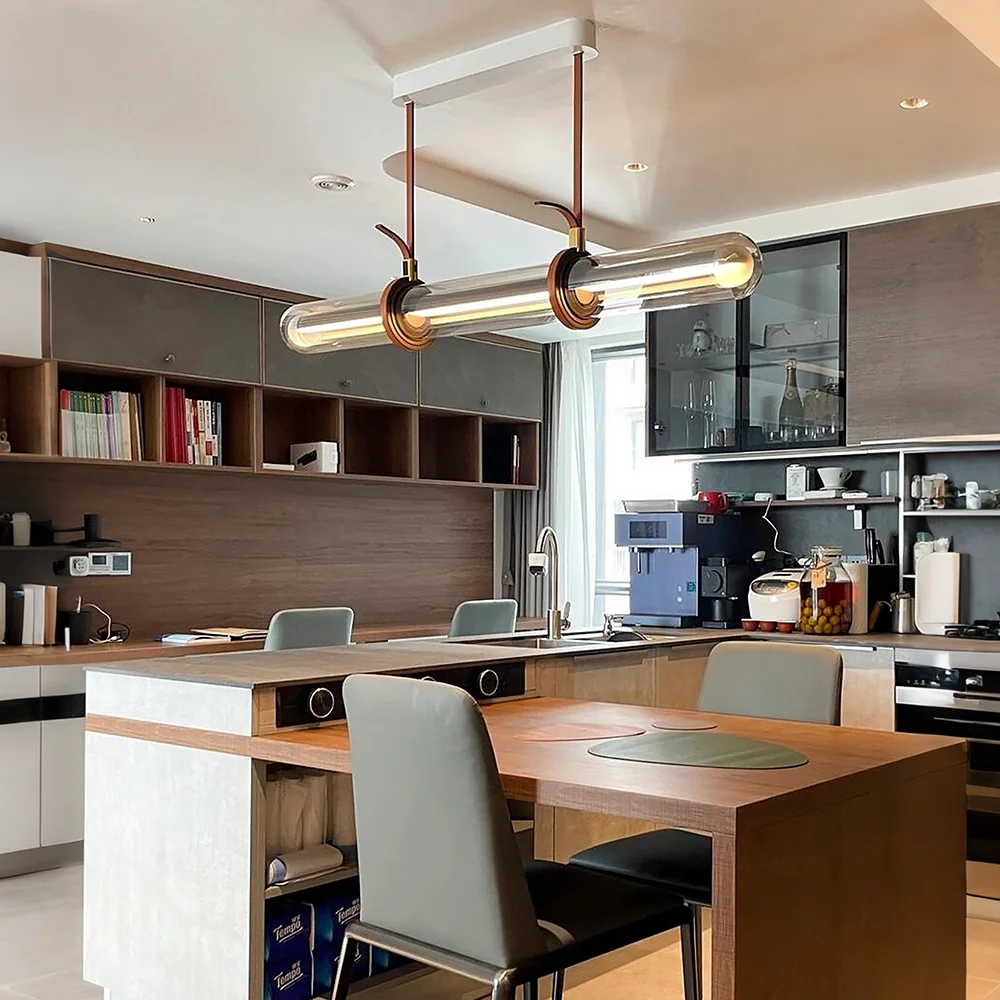 Long Linear Pendant Light Modern Minimalist Glass LED Chandelier with Leather Belt Hanging for Dining Room Kitchen Table Island
