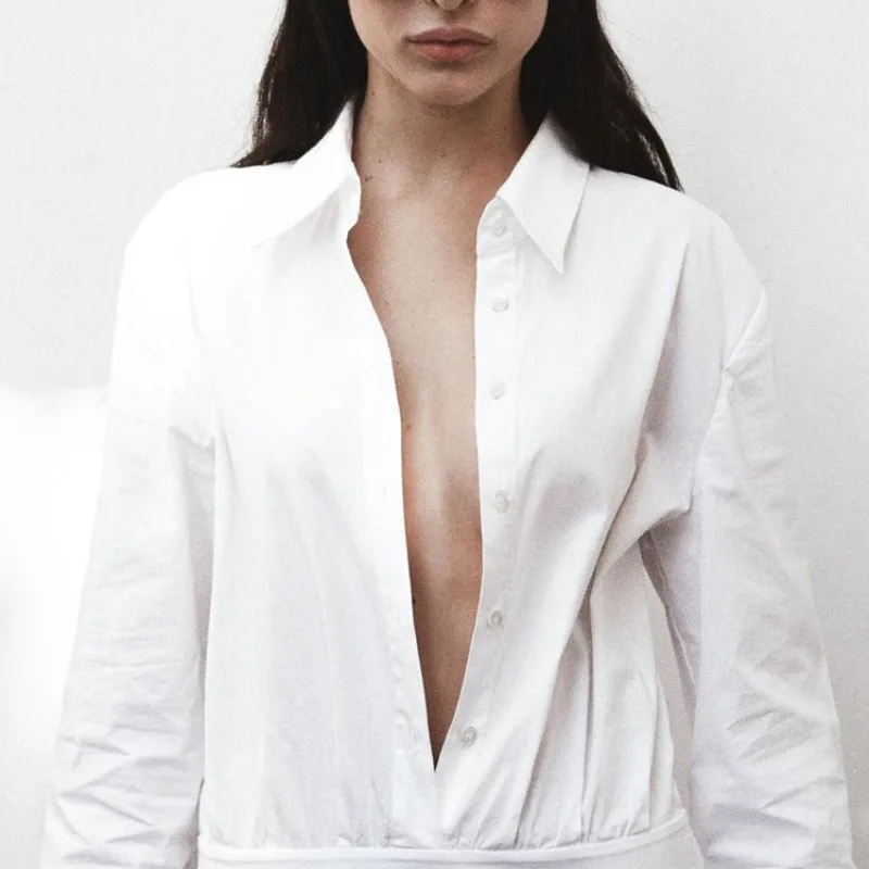 Herfst dames shirtjurk met lange mouwen, elegante chique katoenen plooien, button-down losse korset geplooide maxi-jurk