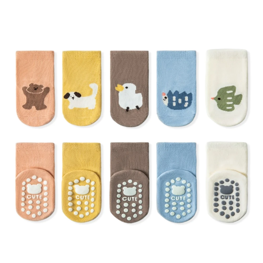 5 Pairs Baby Socks with Cartoon Animal Patterns Anti-Slip Ankle Socks for Learning to Walk Toddler Footwear