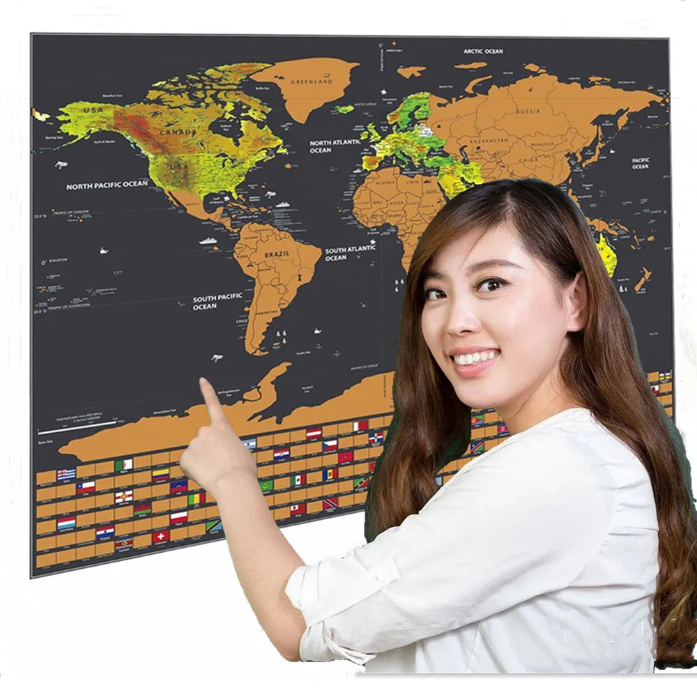 Deluxe Scratch Cartography With Country Flag - Global ravel MapssS to Scratch - Atlas Wall Art Posters for Classroom Home Decor
